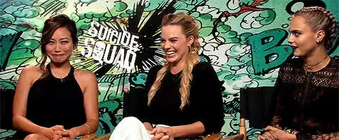 Cara Delevingne and Karen Fukuhara finding out Margot Robbie set them up for an orgy as men enter the room