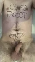 My fag pissing on himself. What else should I get him to do🤔 should I punish him for not making it in his mouth😈😈