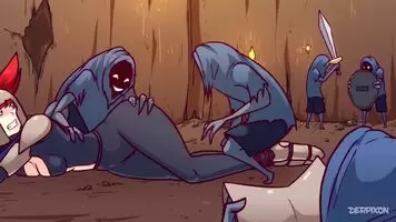 Helpless defeated warrior gets violated by thieves