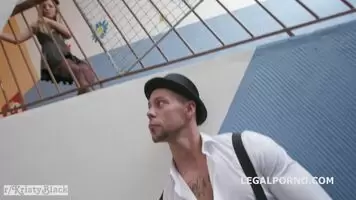 4-BWC Take Turns at Fucking Kristy Black's Holes on Stairs